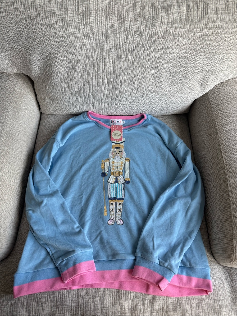 Tres Jolie Accessories Light Blue Sweatshirt with Pink Trim and Nutcracker